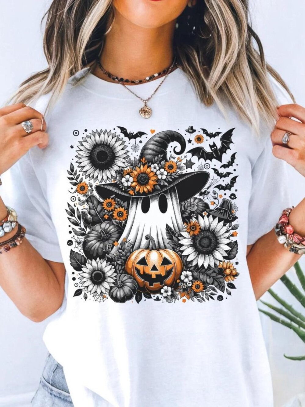 Halloween Ghost Witch T-Shirt Sunflower Pumpkin Graphic S Tee